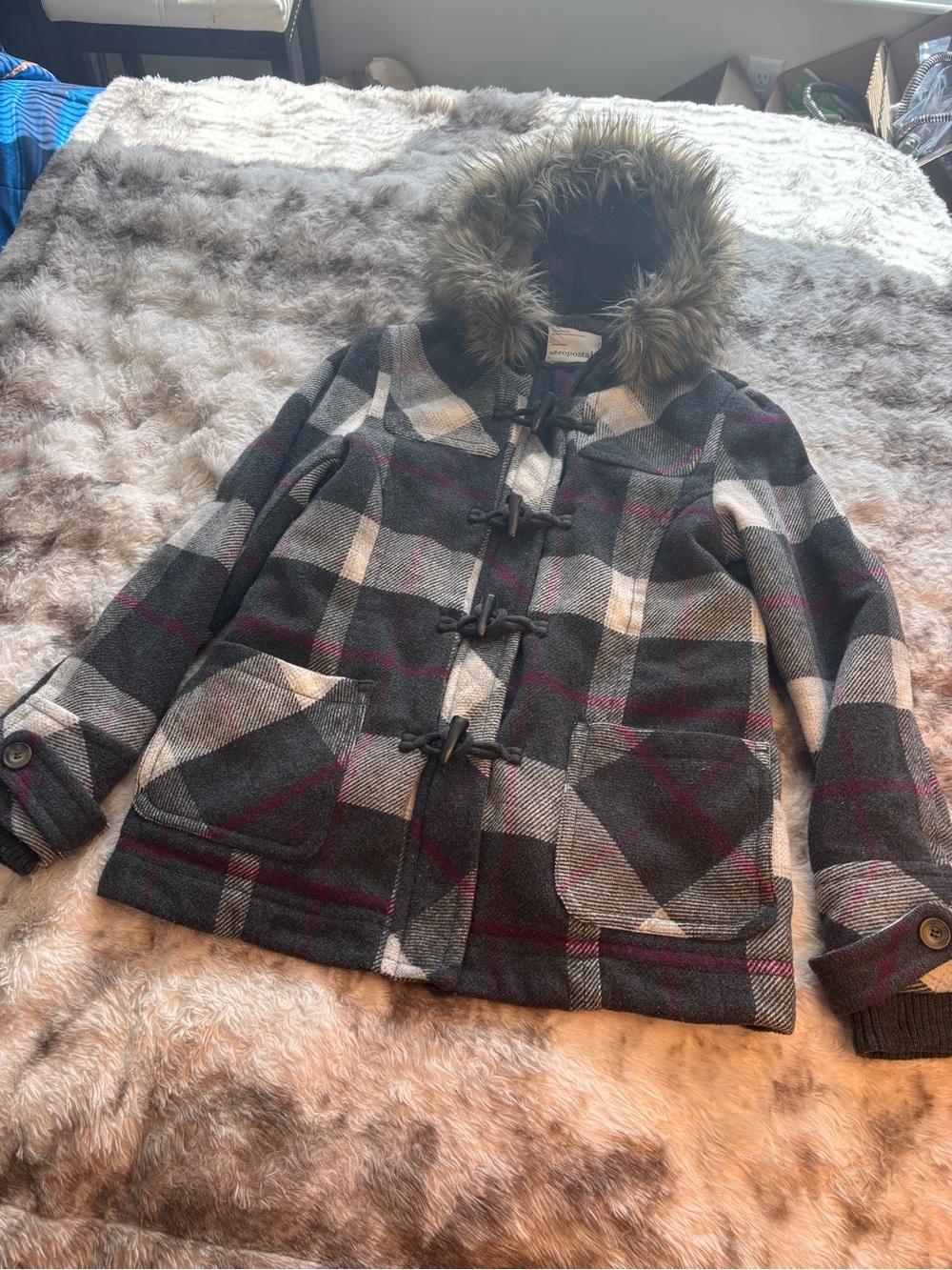 Aeropostale Plaid Toggle Pea Coat with Faux Fur Hood - Charcoal, Gray, Burgundy
